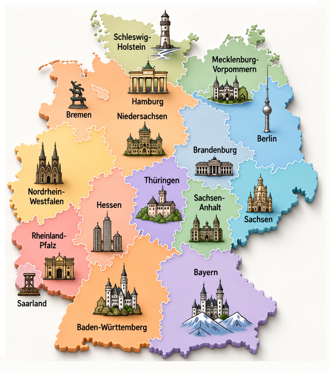 Map of Germany with federal states and well-known landmarks